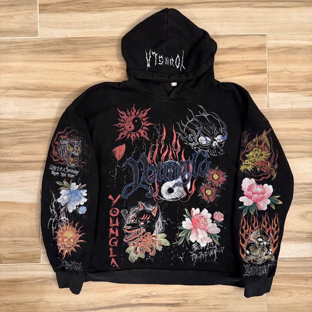 YoungLA W562 Scribble Hoodie Black Graphic Oversized Womens Large L YLA Pullover